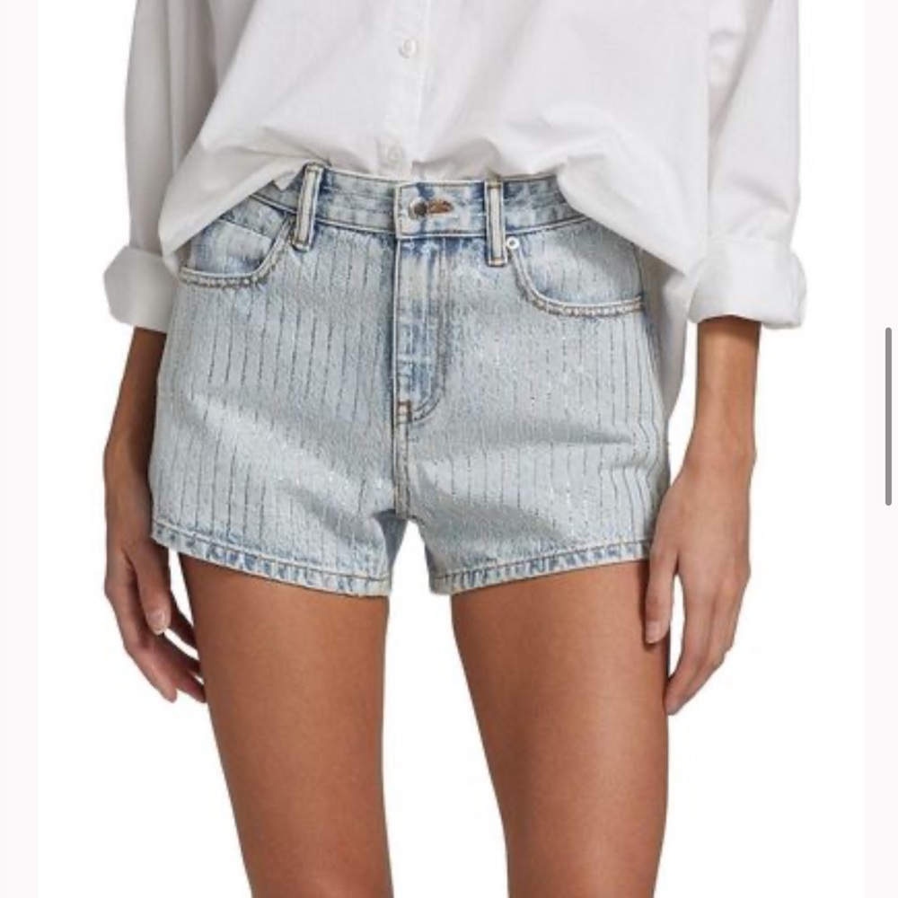 Alexander Wang Crystal Stripe Denim Shorts, Embellished Cotton Denim
